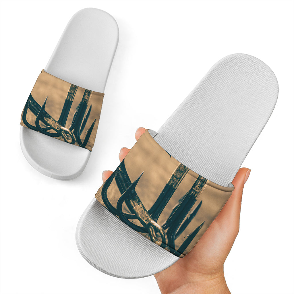 Fishing Hooks Print White Slide Sandals
