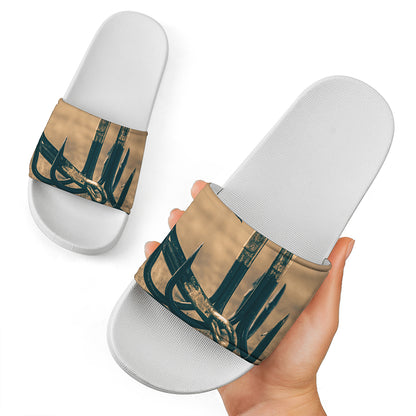 Fishing Hooks Print White Slide Sandals
