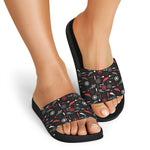 Fishing Theme Pattern Print Black Slide Sandals