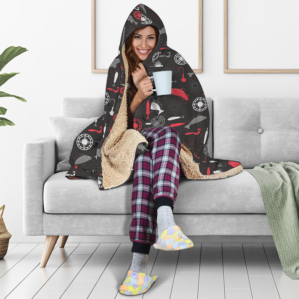 Fishing Theme Pattern Print Hooded Blanket