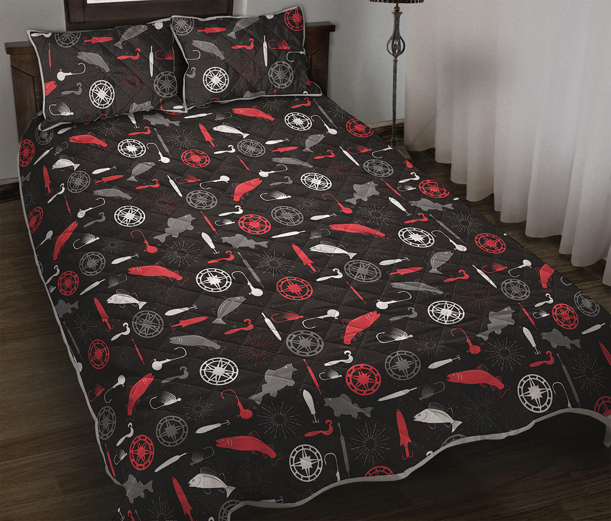 Fishing Theme Pattern Print Quilt Bed Set
