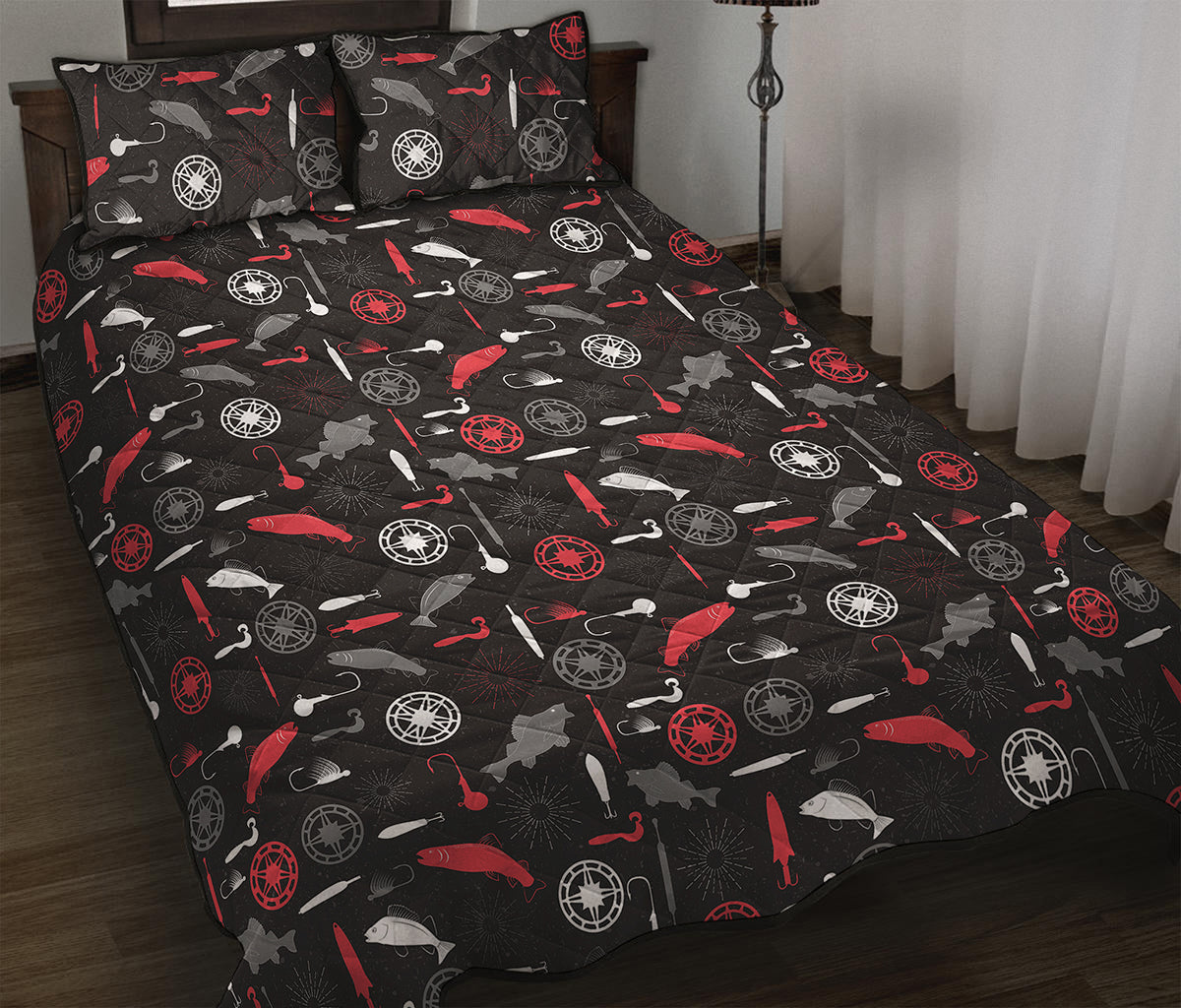 Fishing Theme Pattern Print Quilt Bed Set