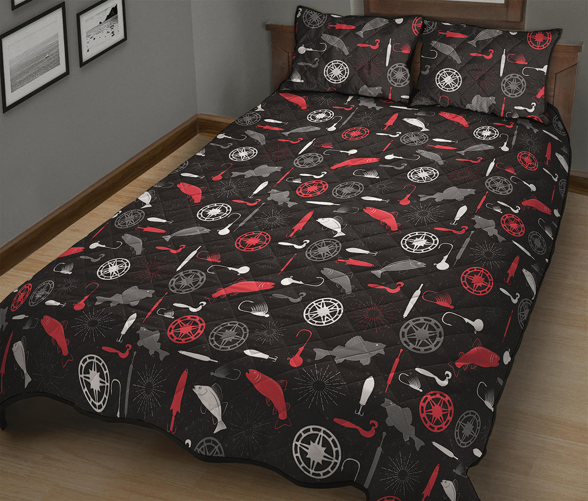 Fishing Theme Pattern Print Quilt Bed Set