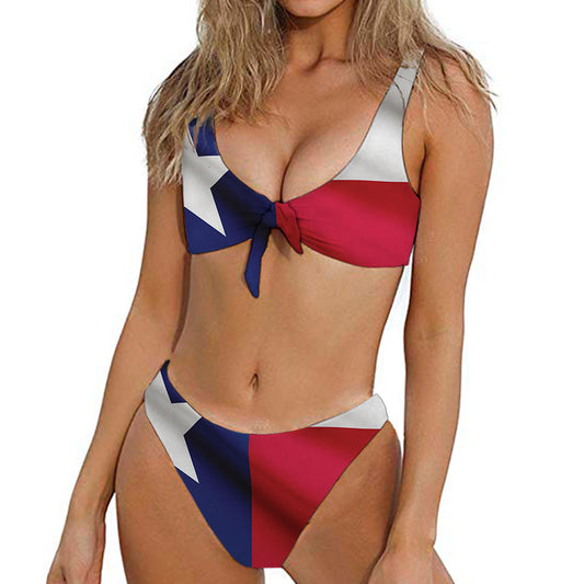 Flag Of Texas Print Front Bow Tie Bikini