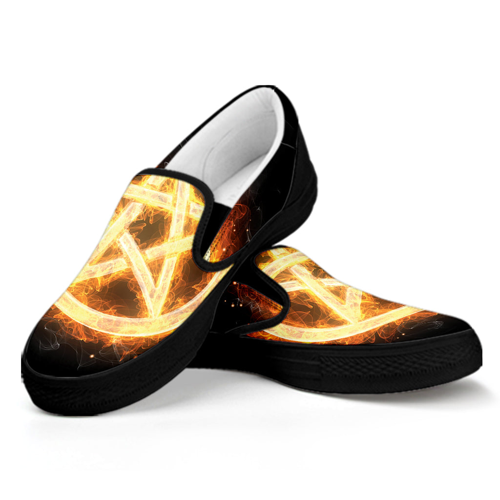 Flame Pentagram Print Black Slip On Shoes