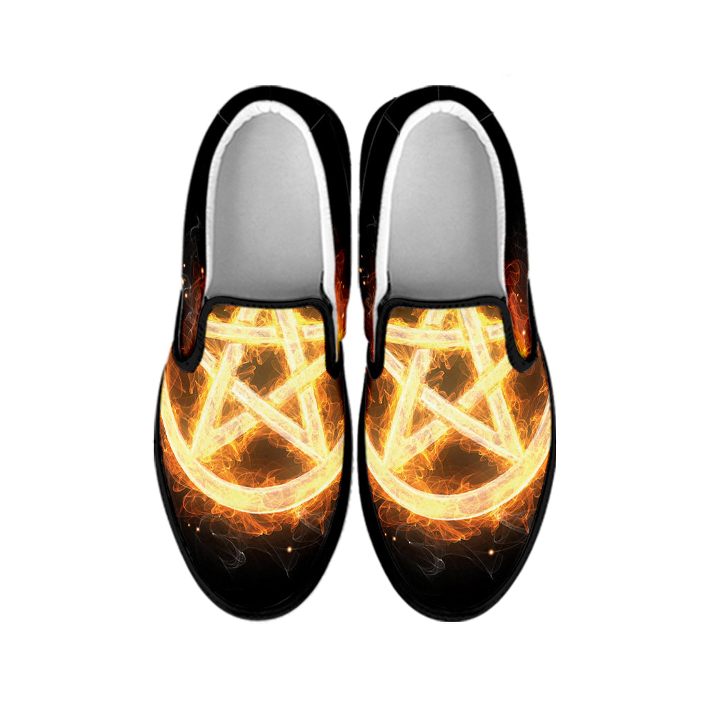 Flame Pentagram Print Black Slip On Shoes
