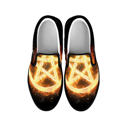 Flame Pentagram Print Black Slip On Shoes