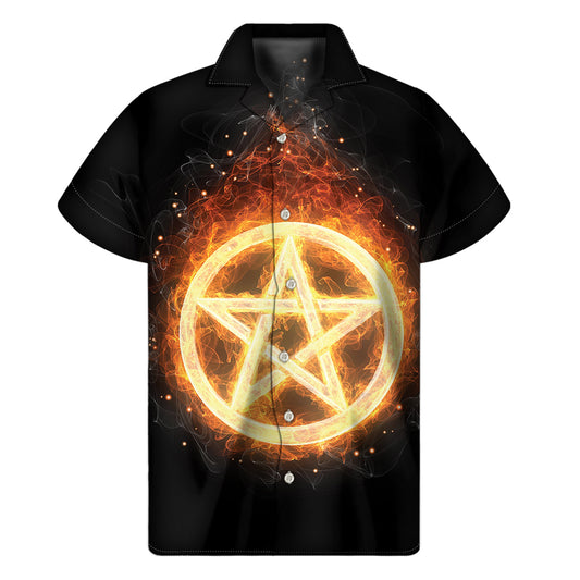 Flame Pentagram Print Men's Short Sleeve Shirt