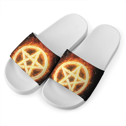 Flame Pentagram Print White Slide Sandals