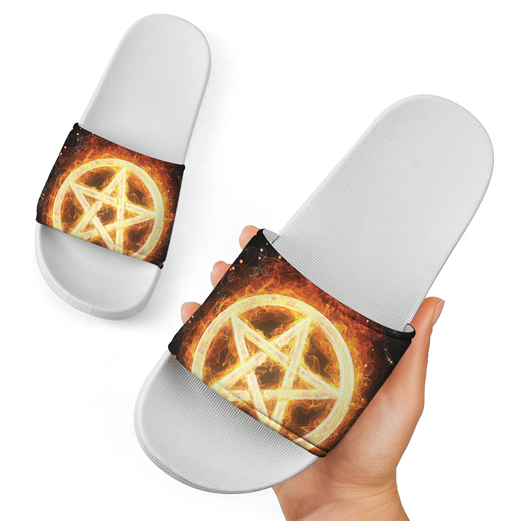 Flame Pentagram Print White Slide Sandals