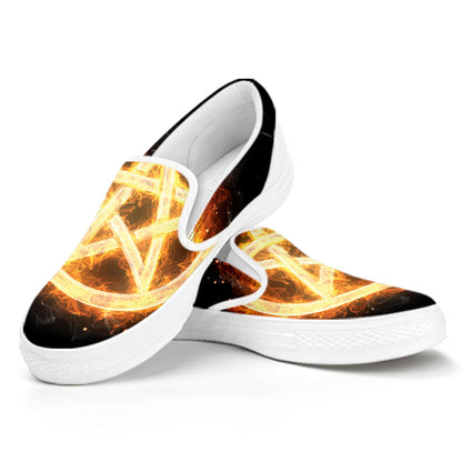 Flame Pentagram Print White Slip On Shoes
