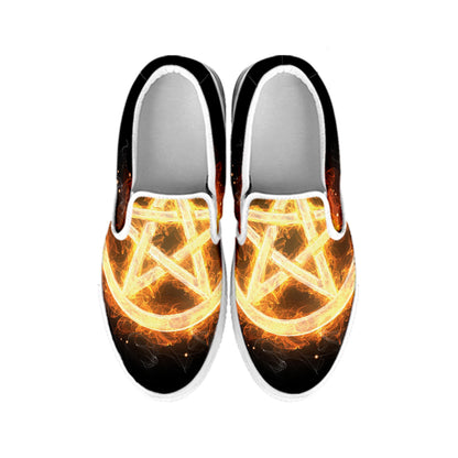 Flame Pentagram Print White Slip On Shoes