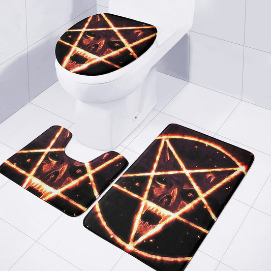 Flame Satanic Pentagram Print 3 Piece Bath Mat Set