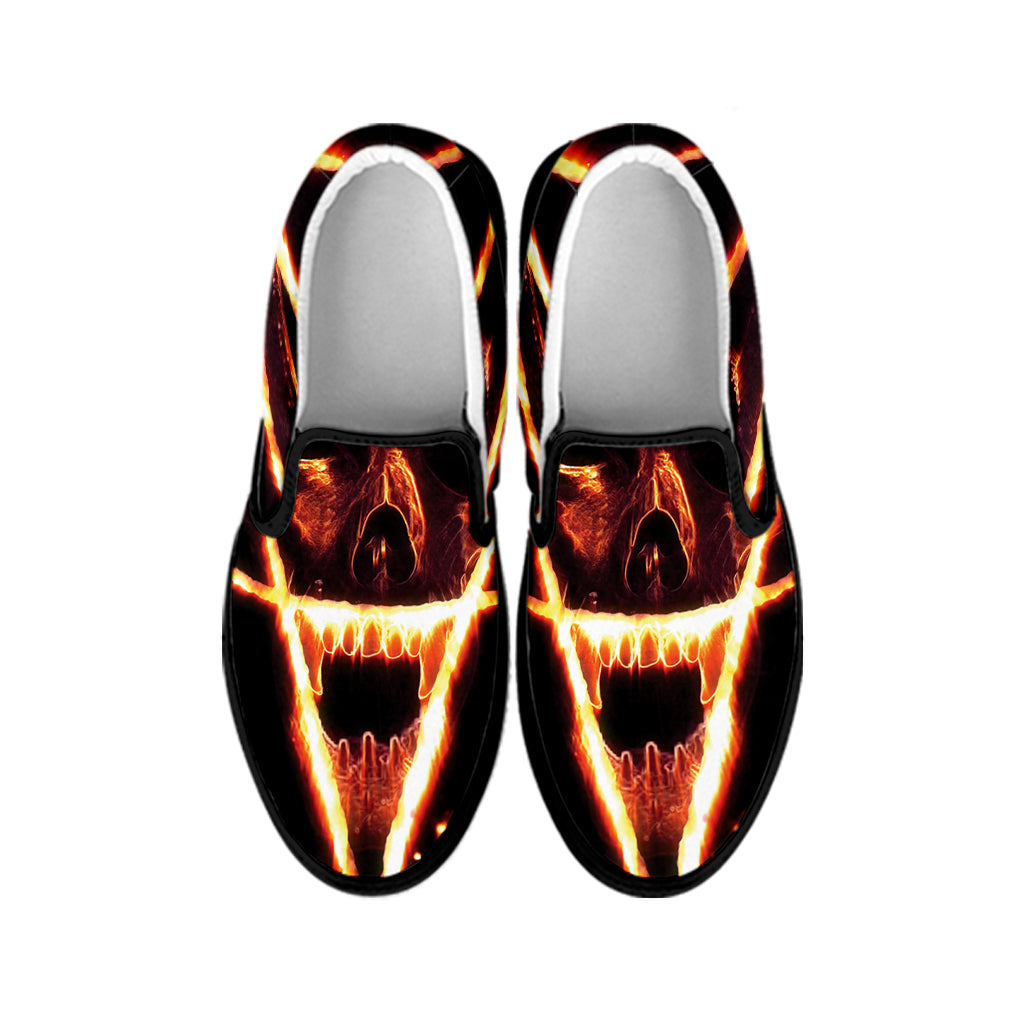 Flame Satanic Pentagram Print Black Slip On Shoes