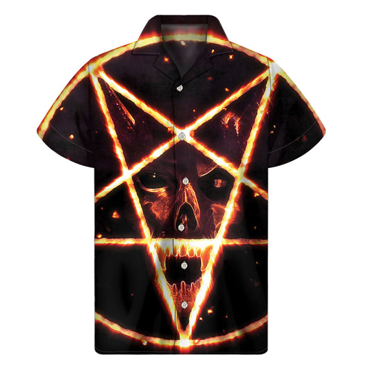 Flame Satanic Pentagram Print Men's Short Sleeve Shirt
