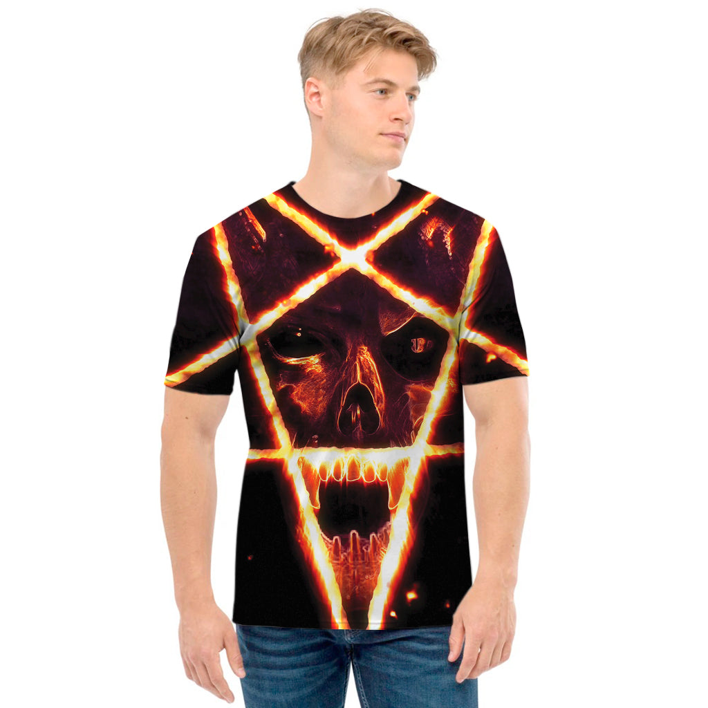 Flame Satanic Pentagram Print Men's T-Shirt