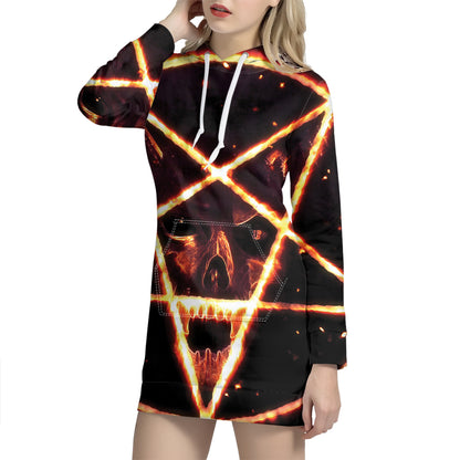 Flame Satanic Pentagram Print Pullover Hoodie Dress