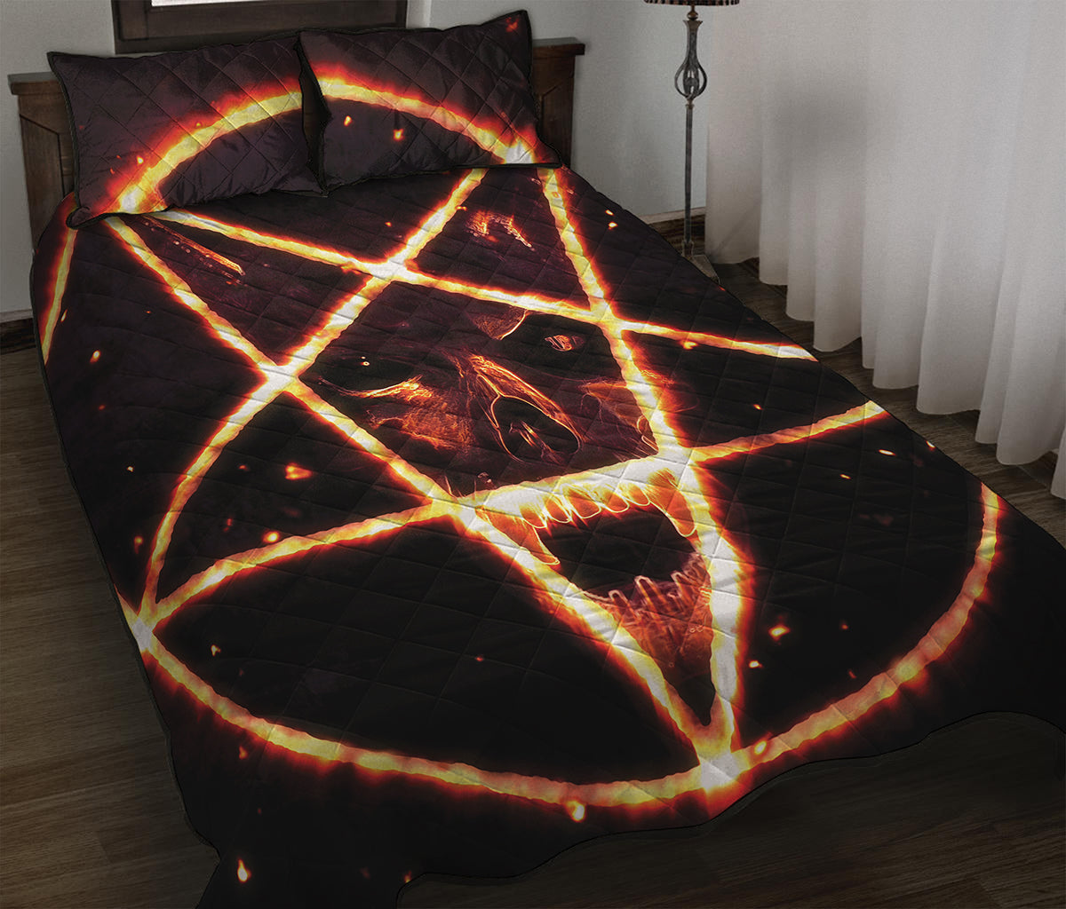 Flame Satanic Pentagram Print Quilt Bed Set