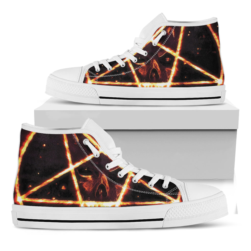 Flame Satanic Pentagram Print White High Top Shoes
