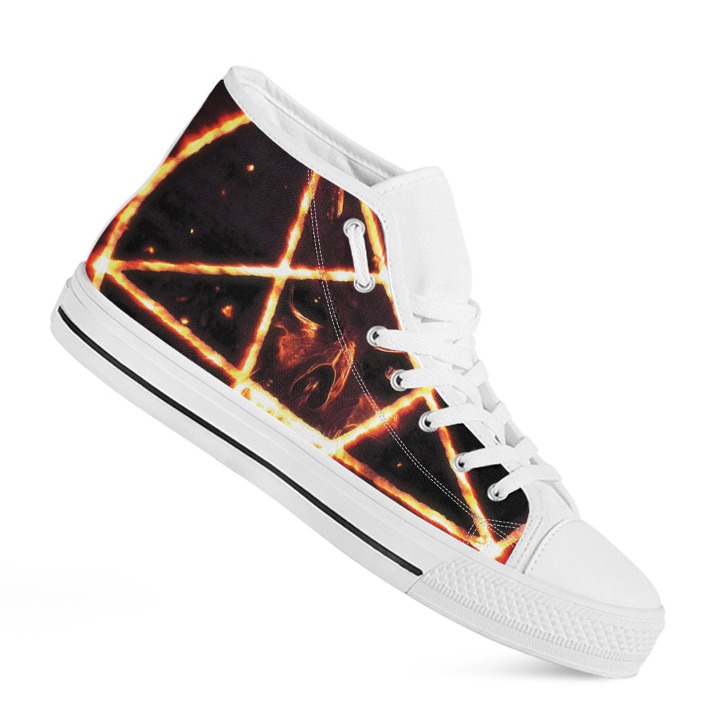 Flame Satanic Pentagram Print White High Top Shoes