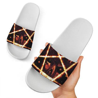 Flame Satanic Pentagram Print White Slide Sandals
