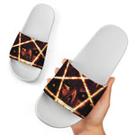 Flame Satanic Pentagram Print White Slide Sandals
