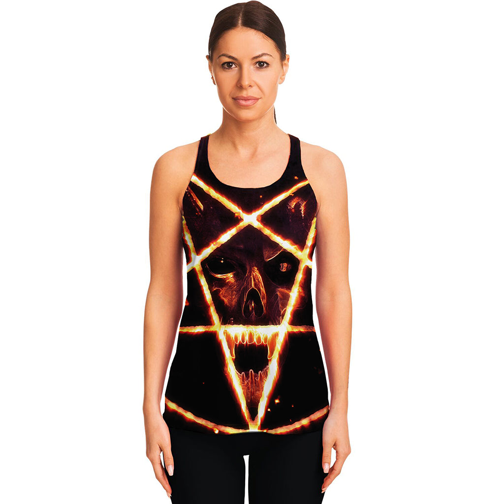 Flame Satanic Pentagram Print Women's Racerback Tank Top