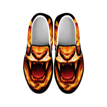 Flame Tiger Print Black Slip On Shoes