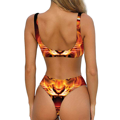 Flame Tiger Print Front Bow Tie Bikini