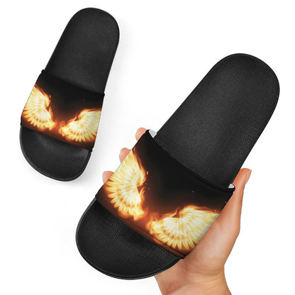 Flame Wings Print Black Slide Sandals