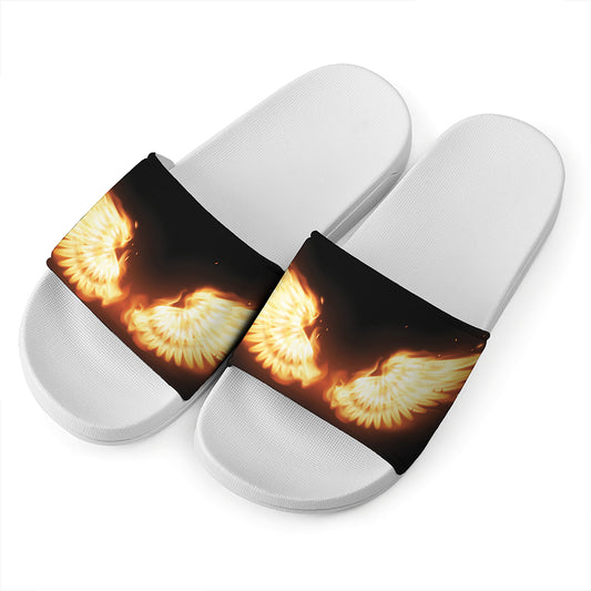Flame Wings Print White Slide Sandals