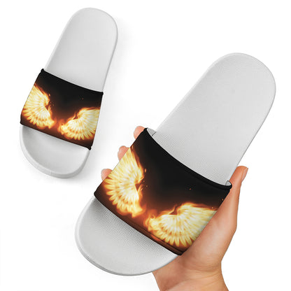 Flame Wings Print White Slide Sandals