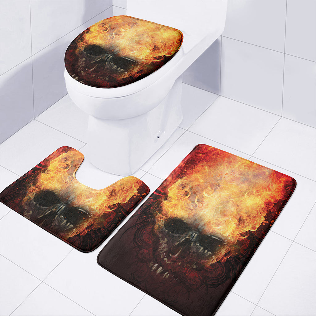 Flaming Demon Skull Print 3 Piece Bath Mat Set