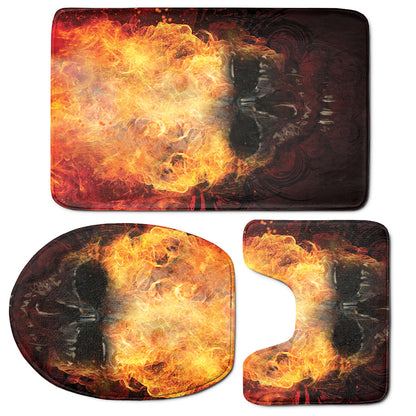 Flaming Demon Skull Print 3 Piece Bath Mat Set