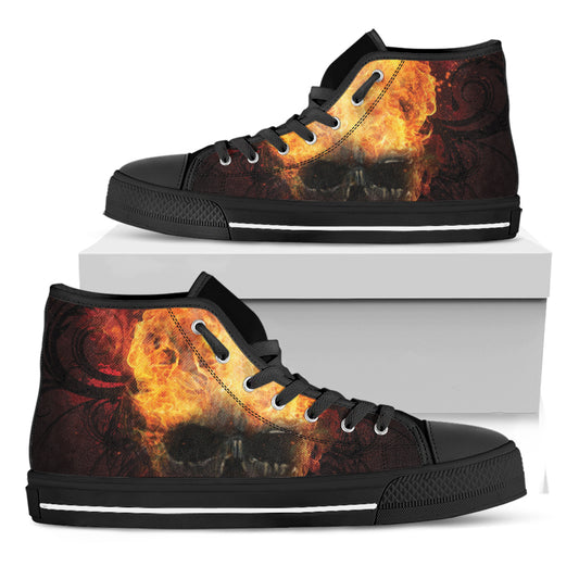Flaming Demon Skull Print Black High Top Shoes