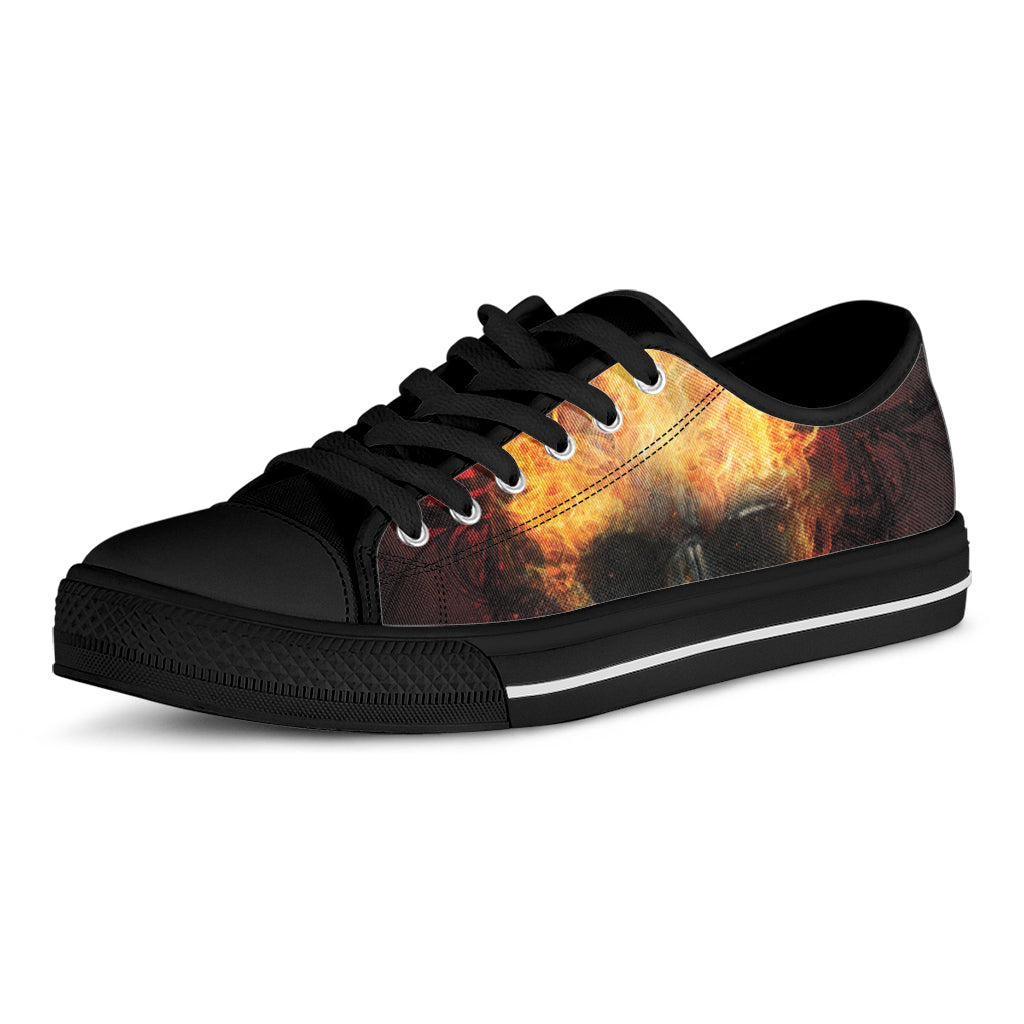 Flaming Demon Skull Print Black Low Top Shoes 