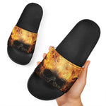 Flaming Demon Skull Print Black Slide Sandals