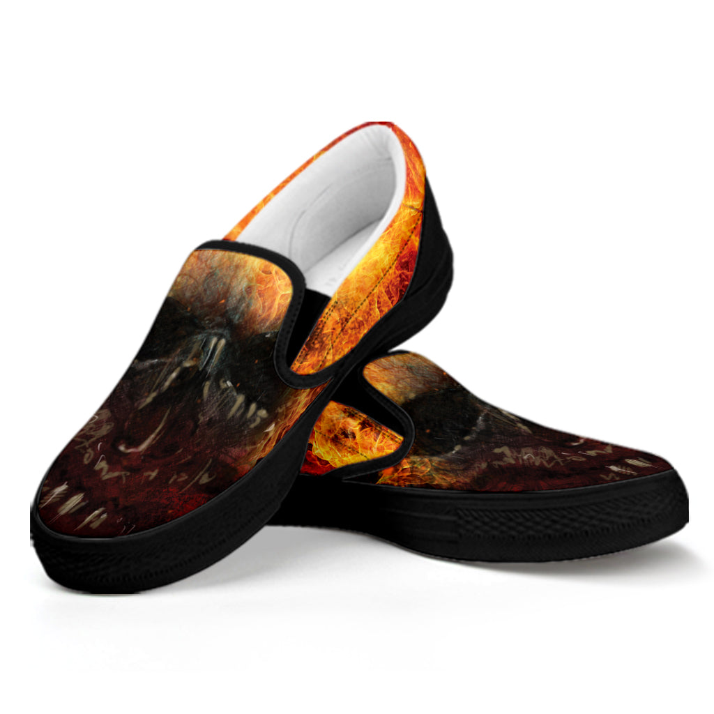 Flaming Demon Skull Print Black Slip On Shoes