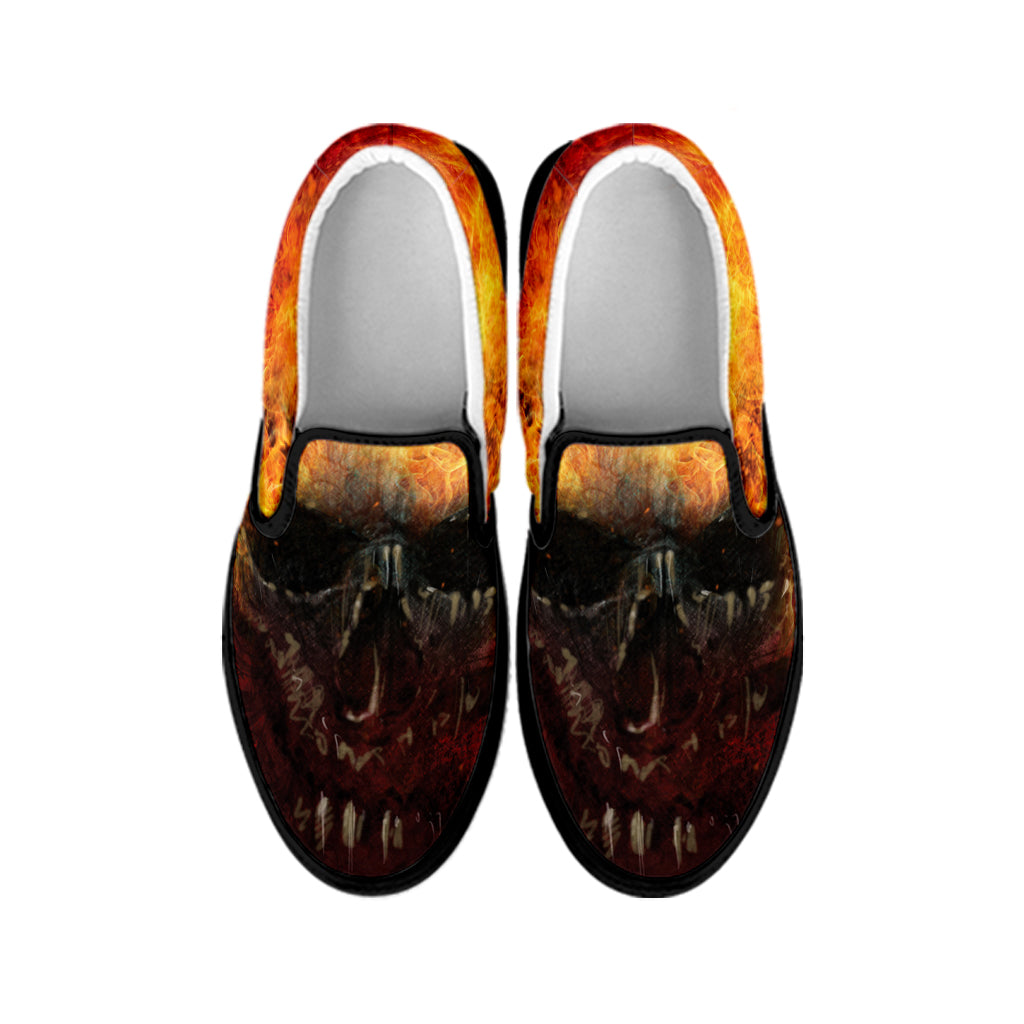 Flaming Demon Skull Print Black Slip On Shoes