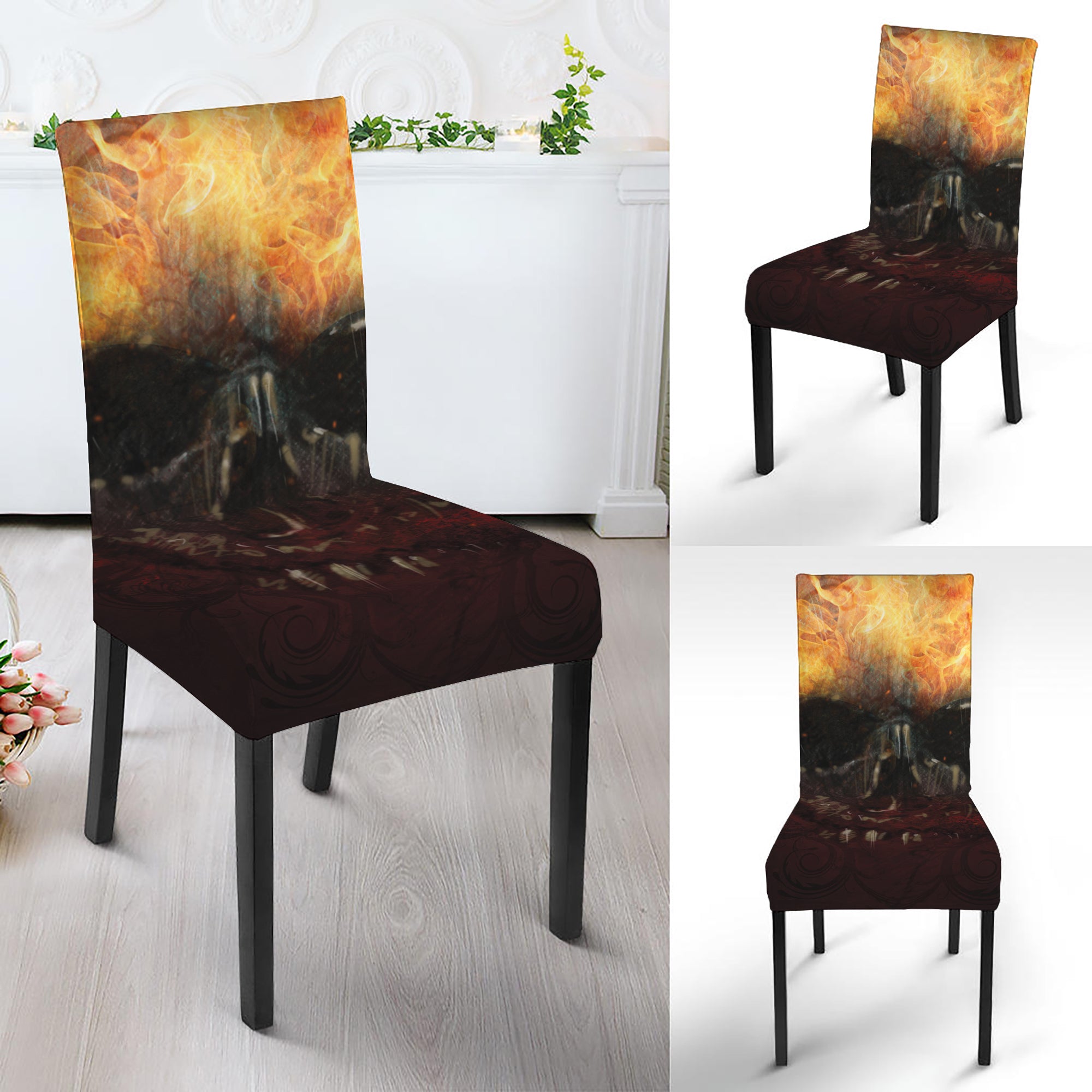 Flaming Demon Skull Print Dining Chair Slipcover