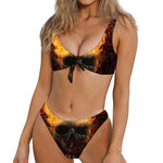 Flaming Demon Skull Print Front Bow Tie Bikini