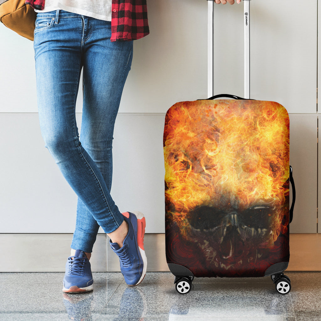 Flaming Demon Skull Print Luggage Cover