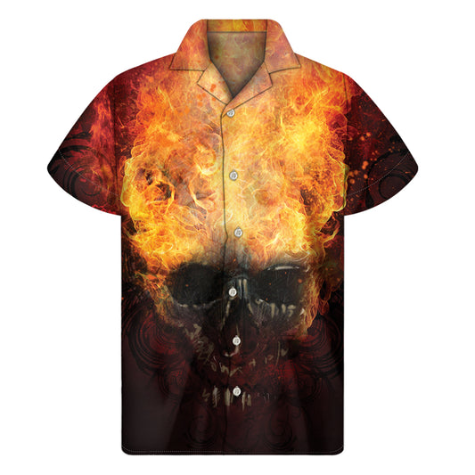 Flaming Demon Skull Print Men's Short Sleeve Shirt