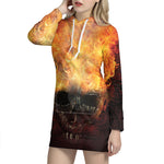 Flaming Demon Skull Print Pullover Hoodie Dress