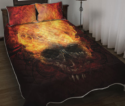 Flaming Demon Skull Print Quilt Bed Set