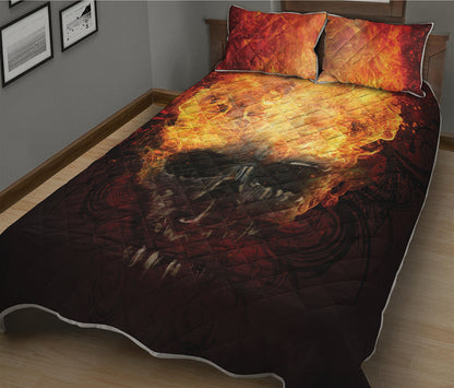 Flaming Demon Skull Print Quilt Bed Set