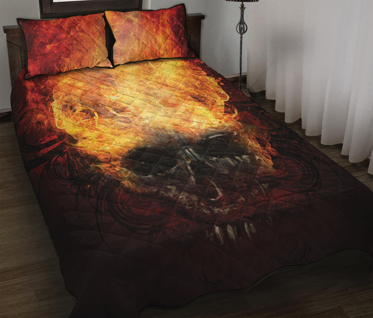 Flaming Demon Skull Print Quilt Bed Set