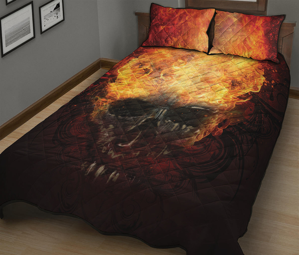 Flaming Demon Skull Print Quilt Bed Set