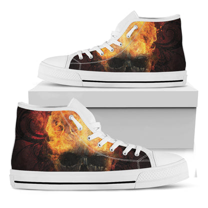 Flaming Demon Skull Print White High Top Shoes