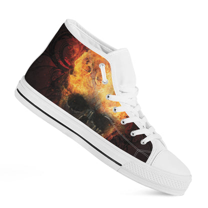 Flaming Demon Skull Print White High Top Shoes